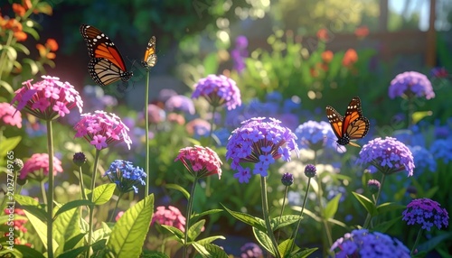 Vibrant Garden Scene with Butterflies and Blooming Flowers in Sunlight.