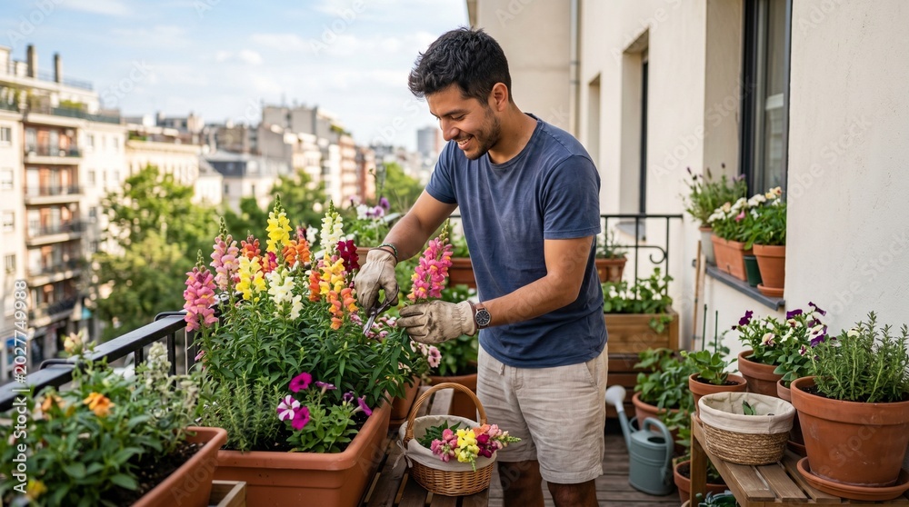 Fototapeta premium Man gardening on balcony with colorful flowers in sunny weather 