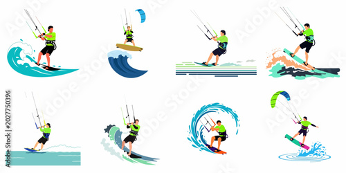 Collection of flat vector illustrations featuring kiteboarders performing various tricks and riding waves, ideal for extreme sports and water activity themes.