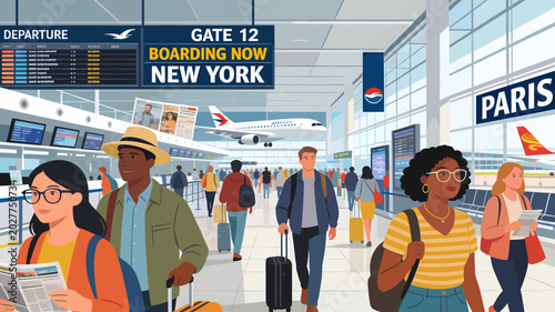 Tableau sur toile Diverse group of travelers with luggage navigating a busy airport terminal with departure boards and airplanes visible