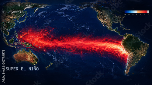 World map showing sea surface temperature anomalies in the Pacific Ocean with 