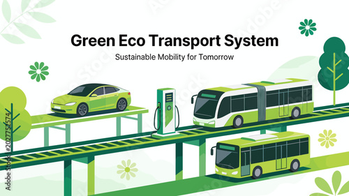 Bild auf Leinwand Illustration of a green eco transport system featuring electric cars, buses, and a charging station, emphasizing sustainable mobility for tomorrow