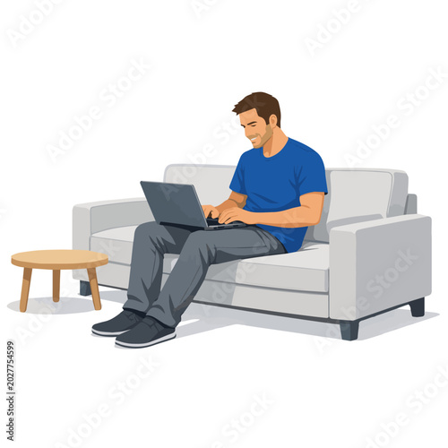 Tableau sur toile Vector art of a young man sitting on a sofa while working on a laptop, featuring work from anywhere lifestyle, comfort, and modern remote productivity themes