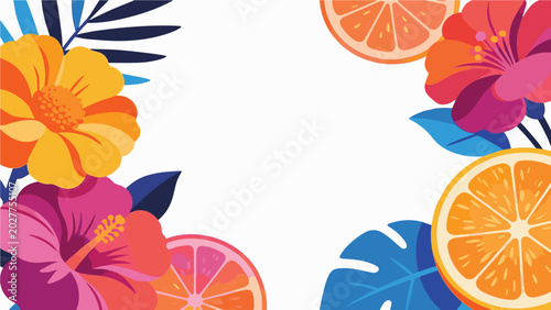 Tableau sur toile Vector art background featuring a botanical frame of flowers, fruits, and plants in soothing colors, creating a peaceful and elegant decorative atmosphere