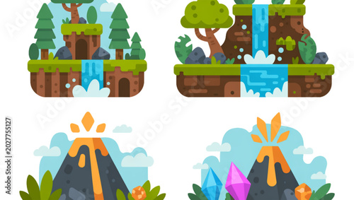 Quadro su tela Colorful cartoon volcanoes erupting with lava and smoke in a tropical island set