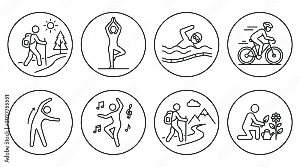 Obraz premium Diverse healthy lifestyle vector, svg, Mental Health, Wellness, Outline Icons collection for promoting well-being and active living concepts