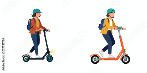 A modern flat design illustration of a commuter riding an electric scooter. Minimalist style, bright trendy colors, no outline, clean vector art, plain white background.