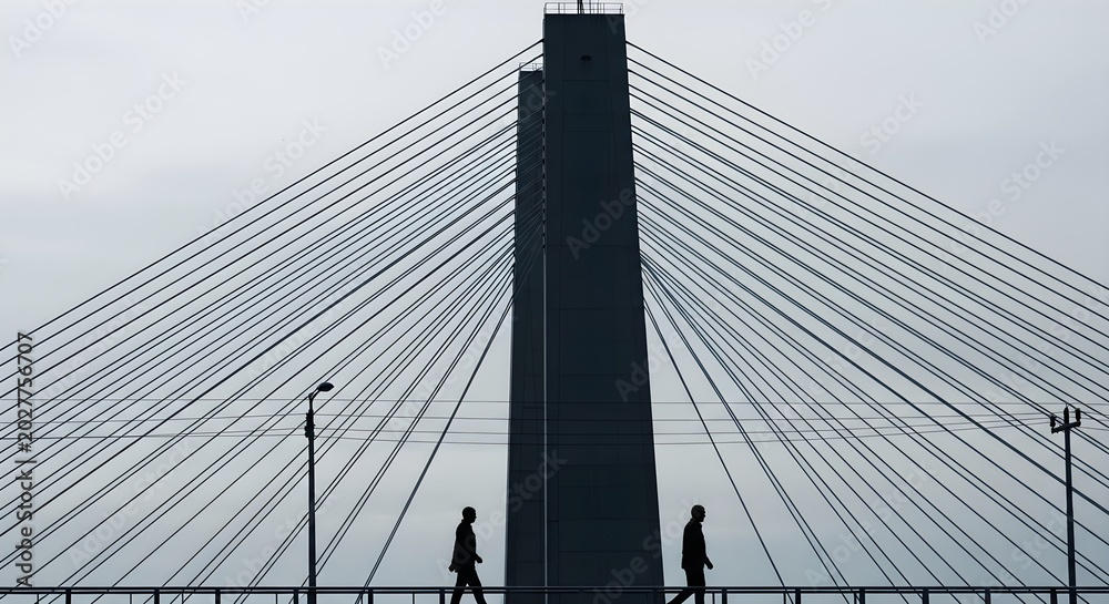 Obraz premium Two Silhouettes Walking Across A Cable-Stayed Bridge