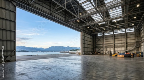 Airplane Hangar Open Door View, Industrial Warehouse, Airport Building, Landscape