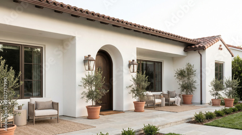 studio mcgee style transitional spanish revival home with white exterior