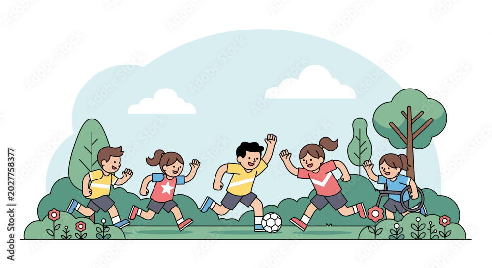 Naklejka premium Children Playing Soccer Outdoors.
