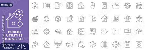 Public utilities icon set. Contains icons related to public utilities, Gas, electricity, water, heating. Editable stroke