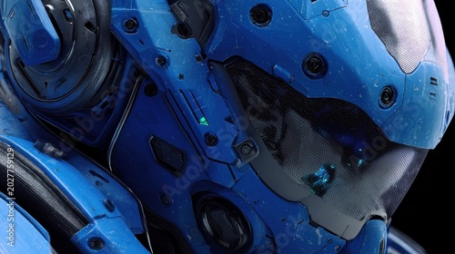 Close up of a futuristic armored figure in shades of blue with mechanical details