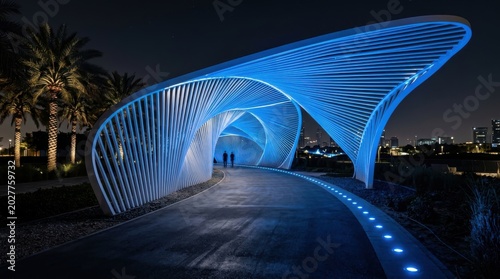 Futuristic Blue Light Tunnel Architecture at Night - Modern Urban Design