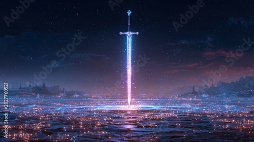 Glowing sword standing upright in fantasy landscape night sky illustration