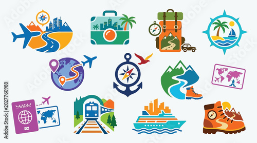 Photos Collection of travel and adventure icons representing various modes of transportation and destinations
