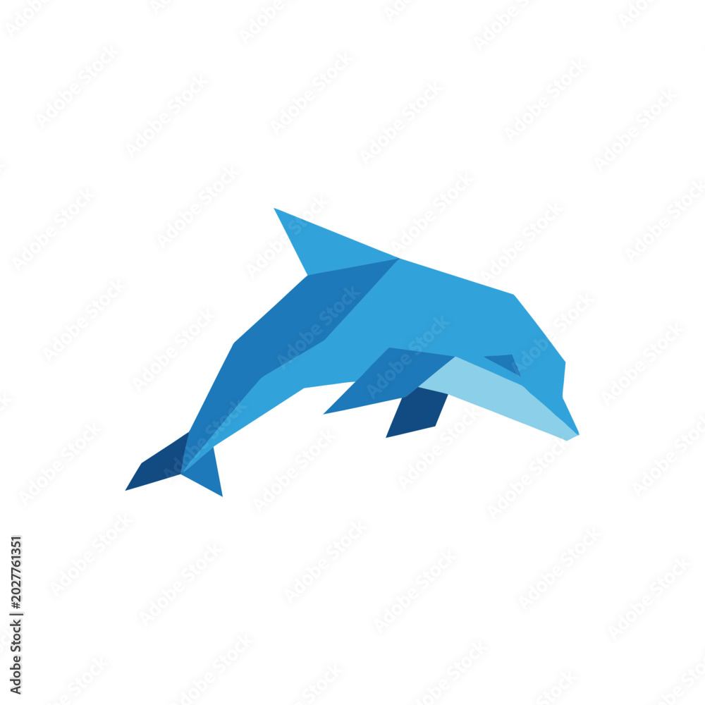 Fototapeta premium Geometric blue dolphin leaping on a white background