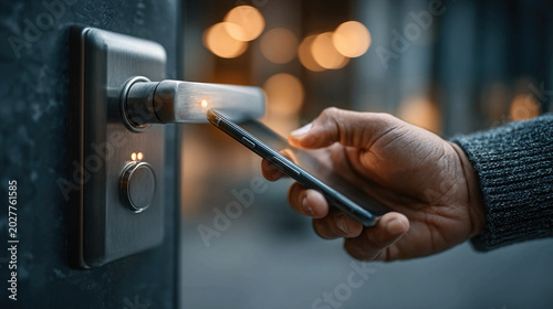 hand using smartphone to open modern digital door lock system, smart building access, mobile authentication, cybersecurity protection, identity verification, and tech innovation concept,