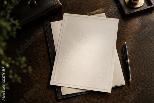 Blank Memorial Stationery on Wooden Funeral Director Desk with Pen and Warm Moody Light