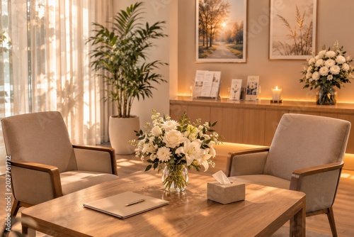 Funeral Home Consultation Room with White Flowers and Warm Light for Family Support