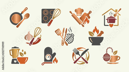 Quadro su tela Collection of kitchen and cooking icons representing various culinary activities and tools