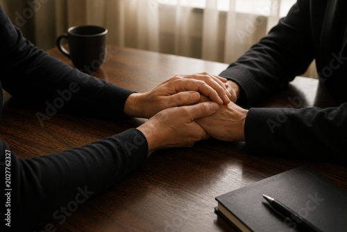 Widow Holding Funeral Director Hands During Bereavement Meeting After Husband Death