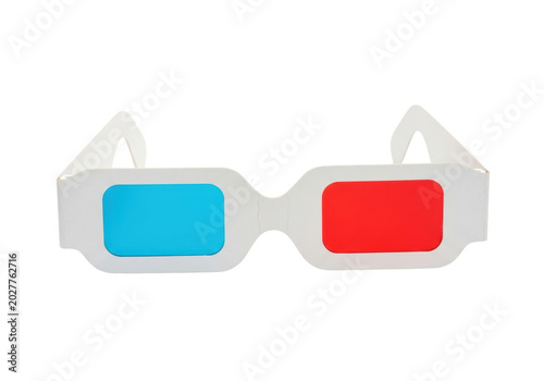 Classic vintage anaglyph 3d glasses with cyan-blue and scarlet lenses on a transparent high-key background, product still life, sharp macro detail. Concept of pop culture nostalgia