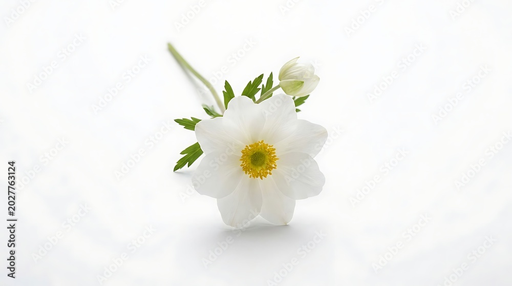 Obraz premium White anemone flower close up with yellow center on reflective surface