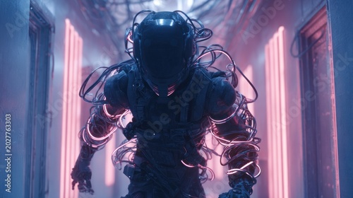 Dark figure in futuristic corridor with neon lights concept art