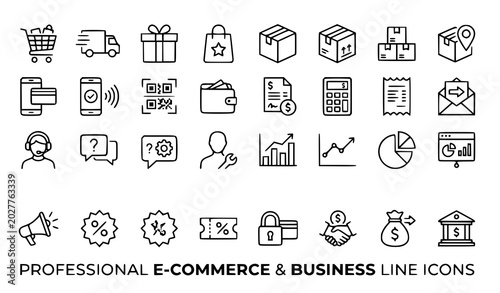 Konstfotografi Editable e commerce and shopping line icon vector collection isolated on white b