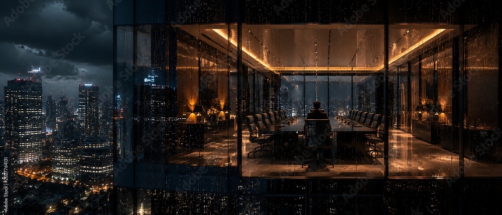 Obraz premium Office interior with cityscape view at night