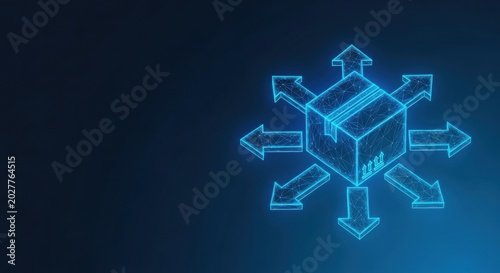 Futuristic glowing delivery box with radiating arrows on a dark blue digital background, symbolizing global logistics and distribution networks