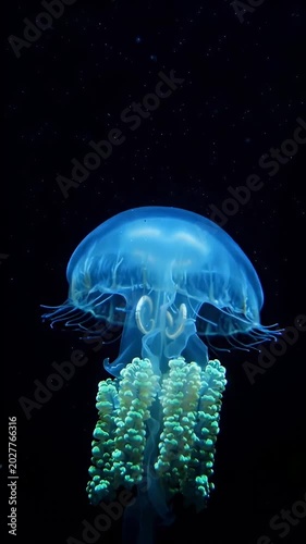 Translucent bioluminescent jellyfish glowing neon green in dark water