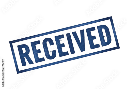 Blue received stamp with dashed border on paper background