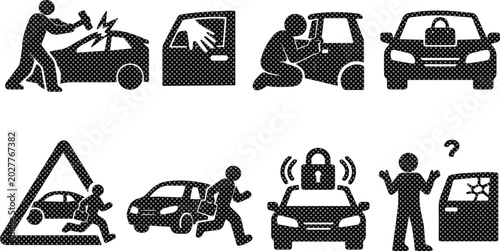 Tableau sur toile Car theft and auto crime vector icon set, black and white silhouette illustratio