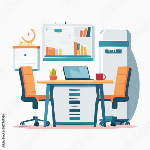 Modern Office Workspace with Desk, Chairs, and Bookshelf