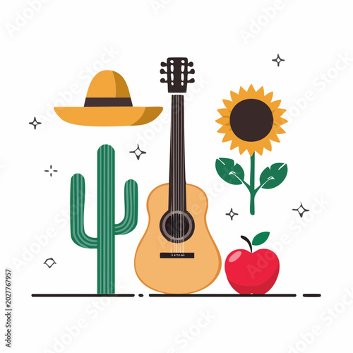 Mexican Fiesta Elements: Guitar, Sombrero, Cactus, Sunflower, Apple