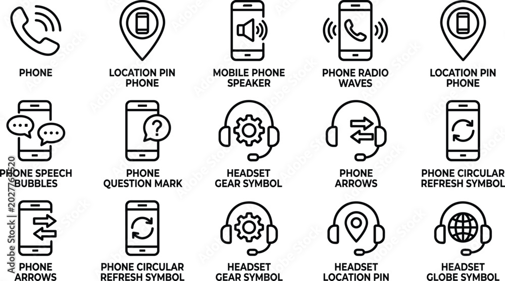 Fototapeta premium Communication and customer support icon set with phone mobile headset location and service symbols