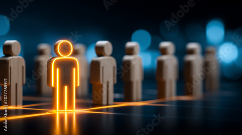 Plakat A highlighted wooden figure among a connected group, symbolizing leadership selection, talent recognition and human resources strategy. 