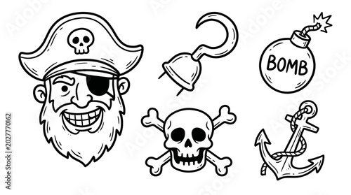 Photos Pirate Themed Icons Including Skull, Bomb, Hook, and Anchor