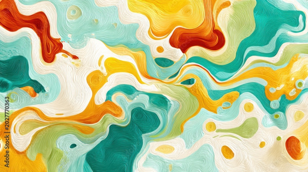 Fototapeta premium Vibrant swirls of warm and cool colors flow across a textured, abstract surface.