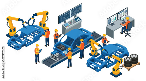 Tablou pe pânză Automotive factory assembly line isometric illustration on white background