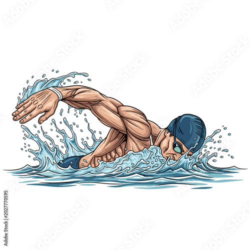 Realistic Male Swimmer Doing Front Crawl