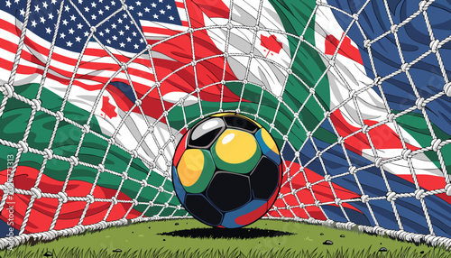 Soccer ball with USA, Canada, and Mexico flags 3D vector illustration for global football tournament concept.