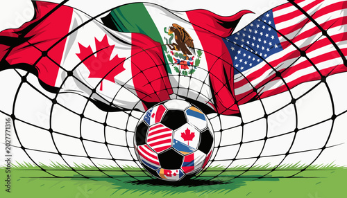 3D football vector with USA, Canada, and Mexico flags representing international soccer tournament celebration atmosphere worldwide.