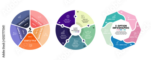 Circle infographic set with 5 section diagram options, for presentations or business reports. Vector editable.