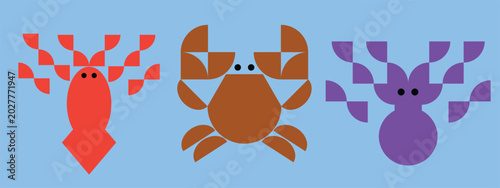 Creative geometric vector illustration featuring abstract squid, crab, and octopus icon designs. Minimal flat style marine animal symbols with modern geometric shapes, ideal for logos, branding, seafo