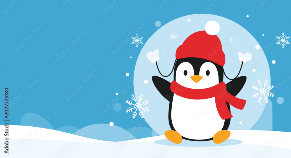 Fototapeta premium Cute cartoon penguin wearing a red hat and scarf celebrating in a snowy winter landscape with falling snowflakes on a blue background.