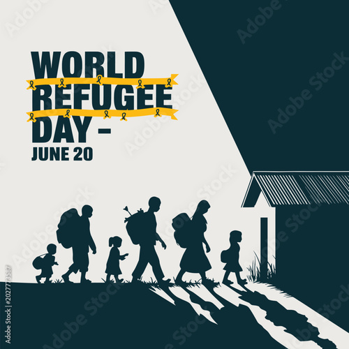 World refugee day concept illustration featuring silhouettes of displaced families carrying bags and walking towards a shelter house on a minimalist background