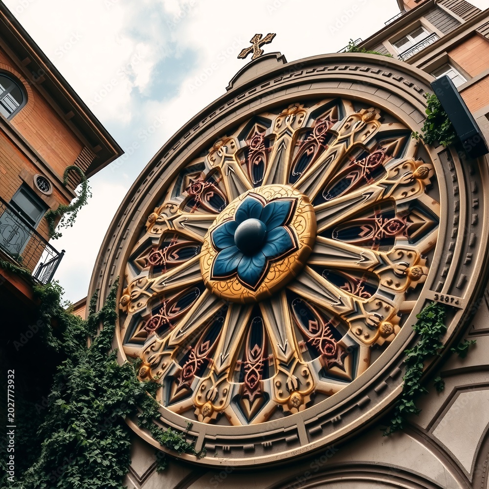 Obraz premium Ornate Floral Rose Window on Urban Building Facade